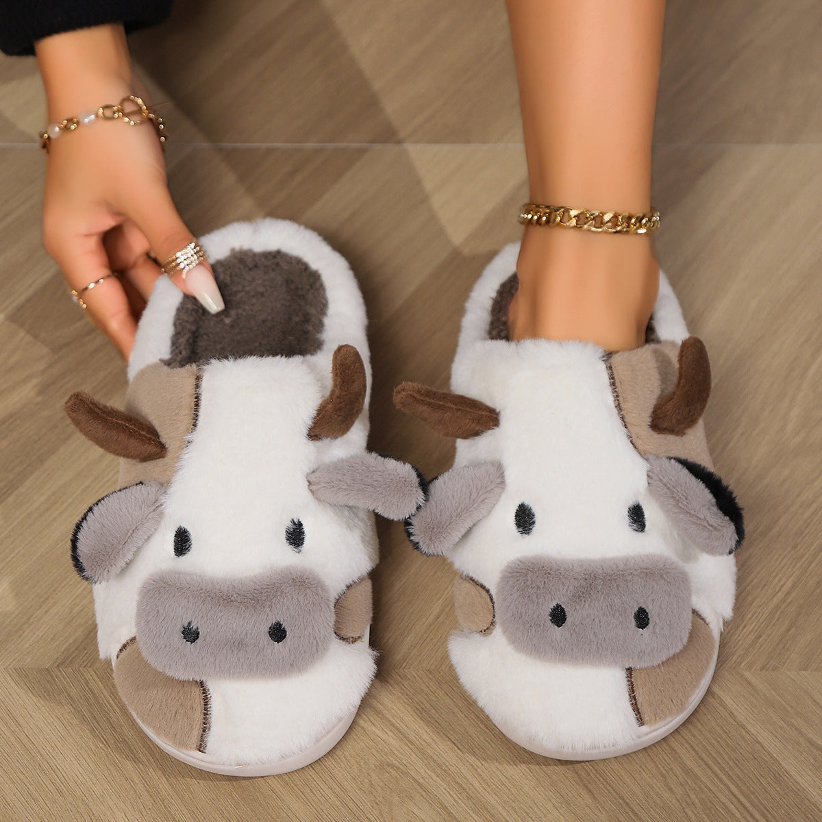 Cow Open Linen Slippers For Girls At Home