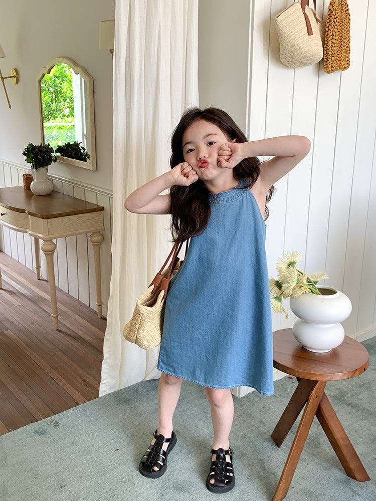 Medium And Large Girls Halter Denim Skirt Fashionable Sleeveless